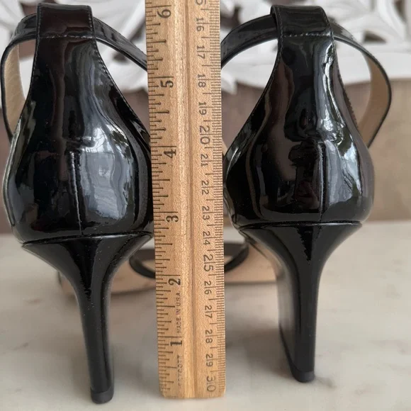 JIMMY CHOO Black patent leather low wedge heel sandals ankle strap